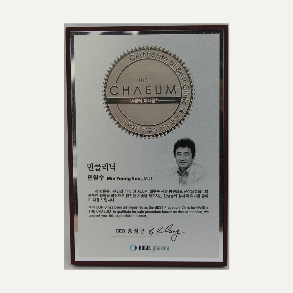 Hugel certificate of best clinic plaque